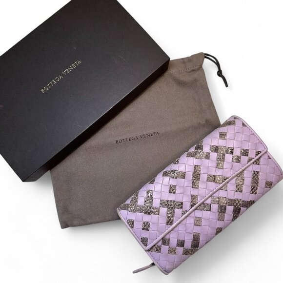 Bottega Veneta Intrecciato Weave Long Leather Wallet - Lavender Snakeprint - Picture 1 of 15